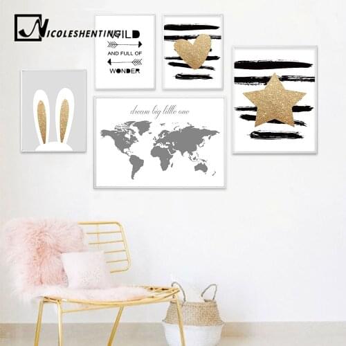 World Map Nordic Poster Canvas Wall Art Painting Gold Heart Nursery Prints Rabbit Head Wall Picture Baby Kids Bedroom Decoration