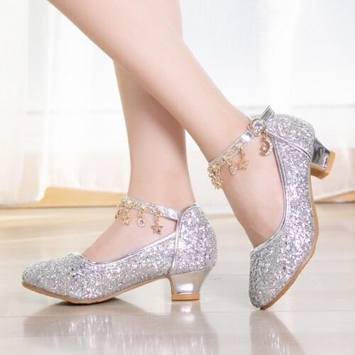 3-13 Years Children Fashion Crystal Teenage Girls Silver Pink Shoes With Heels Costume Princess Dance Party Wedding Kids Shoes