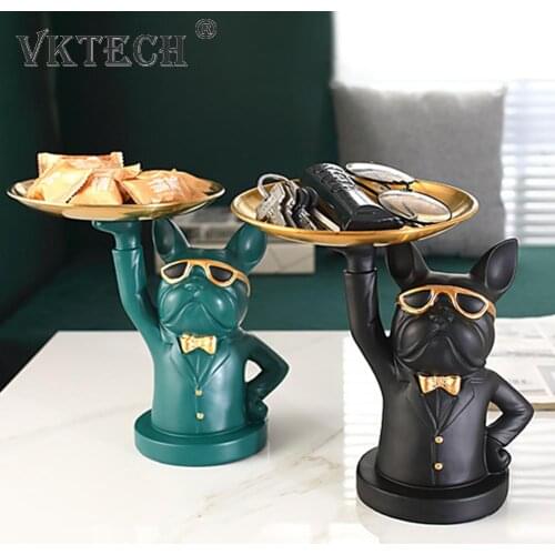 Resin Nordic Luxury Bulldog Storage Statue Figurine Fruit Snacks Candy Tray Key Glasses Plate Sculpture Home Decor