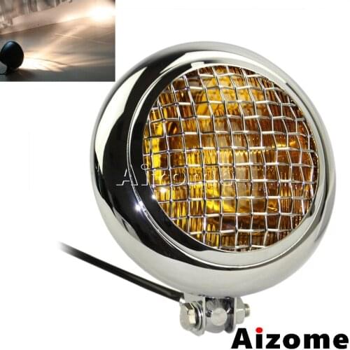 5.75" Universal Chrome Motorcycle Headlight W/Amber Glass Lens &Retro Grid Lightings Mask For Harley Honda Triumph Cafe Racer