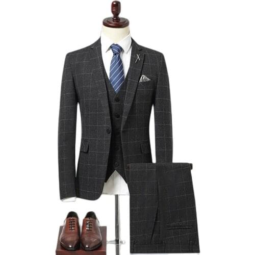 Blazer + Vest + Pants ) Tuxedo High-end Brand Groom Wedding Dress Suit Mens Formal Business Office Suit 3Pces Set Striped Grid