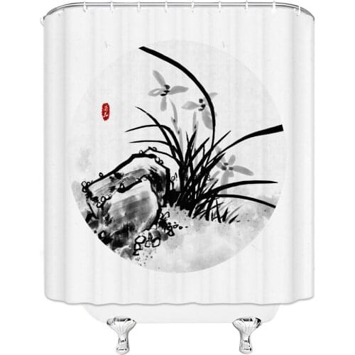 The Traditional Chinese Landscape Painting with Mountain River Pavilion Bamboo Boat Fish White Crane Waterproof Shower Curtain