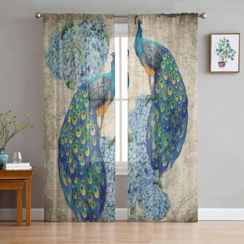 Peacock Hydrangea Retro Watercolor Tulle Curtain Voile Transparent Tulle for Bedroom Living Room Kitchen Sheer Window Curtains