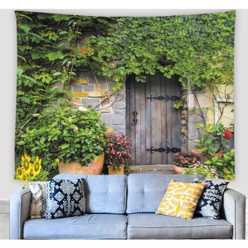 Green Plants On The Wall With Old Wooden Door Tapestry Wall Hanging Scenery Living Room Bedroom Home Decor Wall Tapestries Art