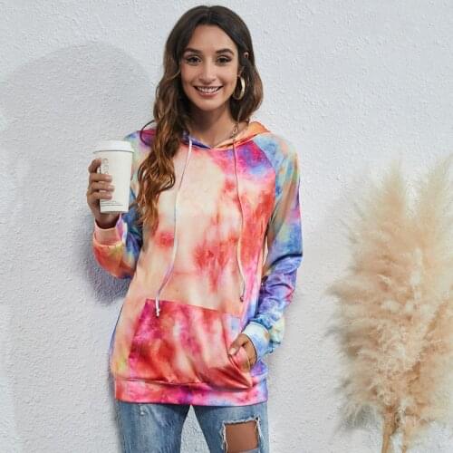 Women Tie-dye Print Long Sleeve Hooded Sweatshirt Autumn Winter New Casual Loose Drawstring Pocket Hoodies Pullover Streetwear
