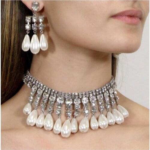 MOGAKU Elegant Pearl Tassel Choker Necklace for Women Bridal Luxury Crystal Wedding Engagement Clavicle Necklace Party Jewelry