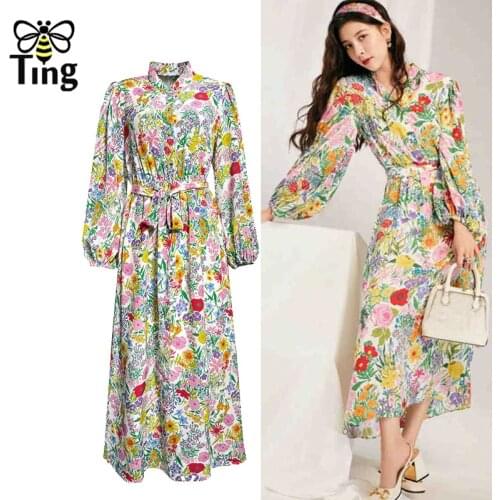 Tingfly Vintage Elegant Vogue New Button Up Floral Women Long Dress Lantern Sleeve Casual Paris Street Chic Vestidos Frocks Lady