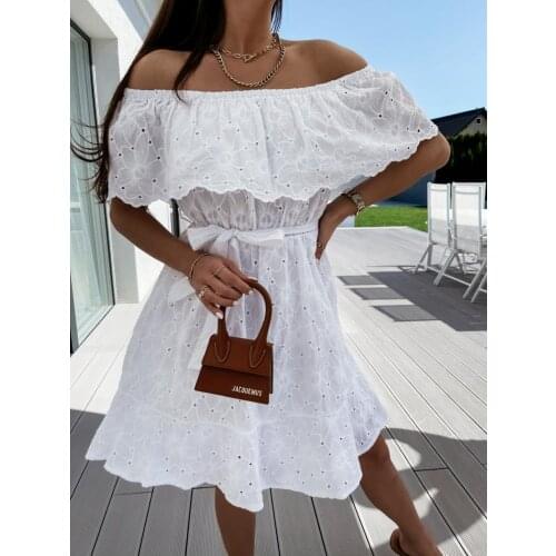 2021 Summer Solid Off Shoulder Broderie Lace Mini White Mini Dress Skinny Bodycon with Sashes Sexy