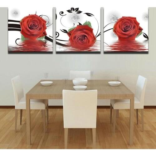 3 Panel Beautiful Red Rose Flowers diamond painting full drill diy handmade new diamond embroidery Still life restaurant