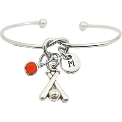 Baseball Bat Retro Creative Initial Letter Monogram Birthstone Adjustable Bracelet Fashion Jewelry Women Gift Pendant