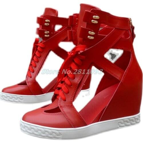 Cut Out Lace Up Ankle Booties Round Toe Solid Red Leather Back Zipper Women Manufacturer Height Increase Dress Shoes