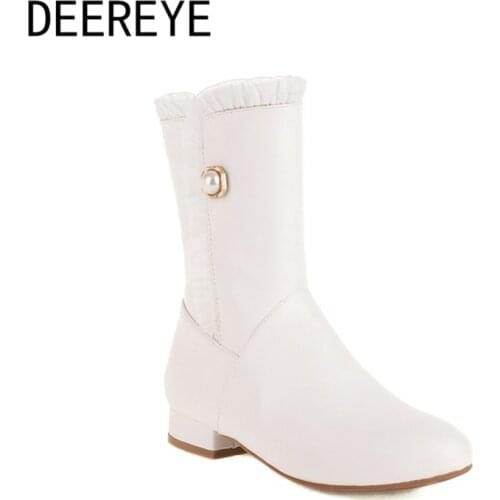 Size 30-48 Laces Pearl Womens Winter High Heels Boots Mid-Calf Booties Short Plush Designer Sweet Cute Shoes For Women 2021
