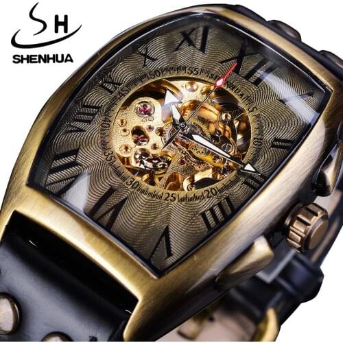 Shenhua Skeleton Dial Design Retro Roman Analog Men Automatic Watch Black Golden Luminous Hand Leather Band Mechanical Watch