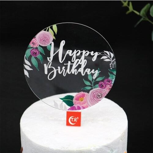 Flowers Happy Birthday Cake Topper Transparet Colored Printing Acrylic Cake Topper For Kids Girls Birthday Party Cake Decor