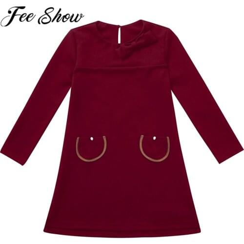 Spring Autumn Kids Long Sleeves Dresses For Girls Cute Bowknot Pockets Cotton A-line Dress Children Princess Dress Girls Clothes