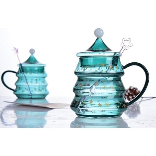 Coffee Mugs Tea Glass Cups Christmas Tree Shaped with Lid and Star Spoon Unique Gift for Valentine Day Kitchen Accessories