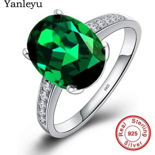 Yanleyu Big Egg Shape Green Zircon Crystal Wedding Bands Jewelry Pure Solid 925 Sterling Silver Engagement Rings for Women PR101