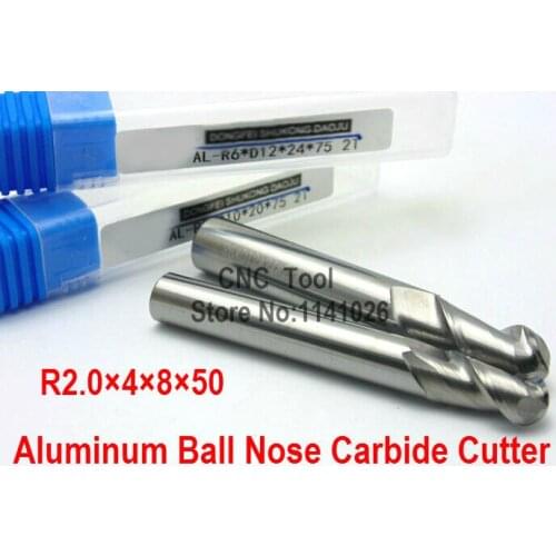 1PCS 2F R2.0*4*8*50 Aluminum Carbide Ball nose End Mill,CNC router bits, Aluminum carbide cutter,machine, CNC milling tools