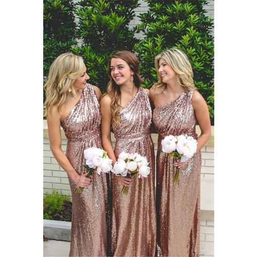 Lakshmigown Long Sequin Rose Gold Bridesmaid Dresses One Shoulder Plus Size Party Wedding Guest Gowns Arabic Maid Gowns