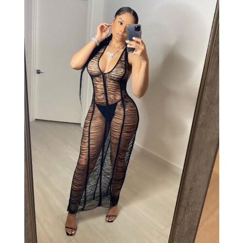 Summer Club Dress Sexy Women Halter See Through Elegant Backless Knitting Party Dress Vestidos