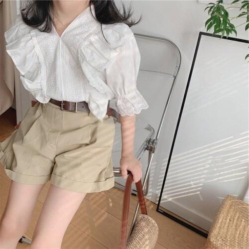 Summer Girls' Clothing Sets Simple Splicing Lace V-Neck Blouse+Shorts+Belt Girls' Suit Baby Kids Clothes Suit Children Clothing