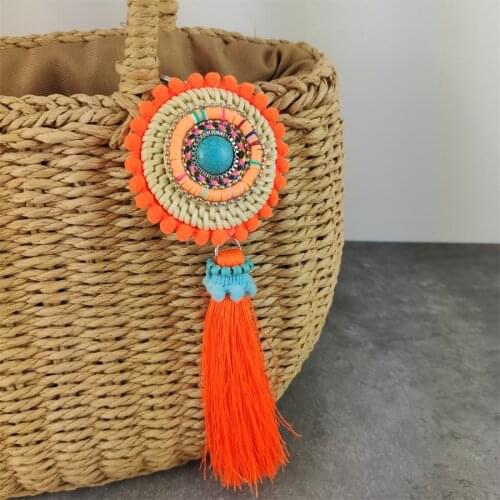 Boho Fashion Handmade Keychain Silk Tassel Pendant Round Bamboo Key Chains Bohemian Accessories For Women Bags Colorful Trinket