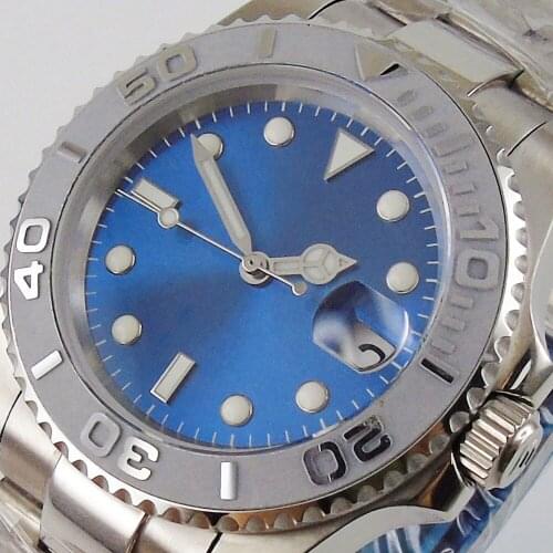 Nologo Blue Sunburst 40mm Automatic Men Watch No Magnifier Oyster Bracelet NH35A MIYOTA 8215 Solid Back Sapphrie Crystal