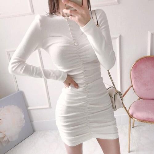 New arrival fashion korean spring mini dress women OL temperament casual white fresh o-neck long sleeve stretch pencil dress