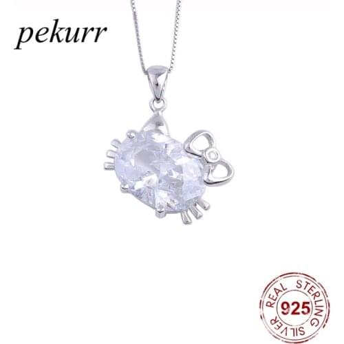 Pekurr 925 Sterling Silver Big Crystal Kitty Cat Necklaces For Women Cute Cartoon Pendants Party Fashion Jewelry Classic Gift