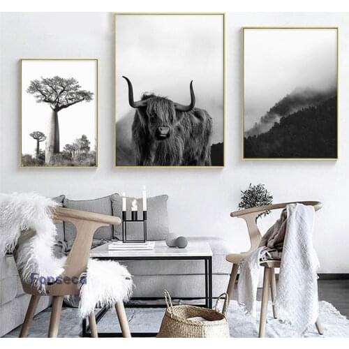 Nature Animal Mountain Landscape Poster Nordic Black White Cow Tree Scenery Canvas Painting Art Print Wall Picture Home Decor