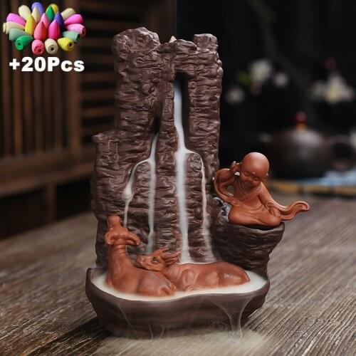 Hand-made Purple Clay Craft Gifts Shepherd Boy and Bulls Waterfall Backflow Incense Fountain Home Decoration +Gift Incense Cones