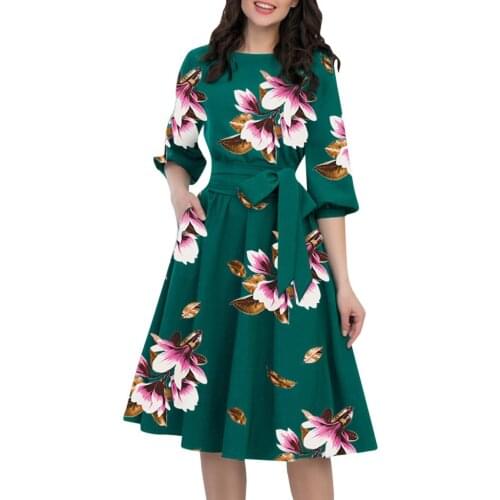 O-neck Half Sleeve Dresses Pocket Sashes Knee-length Casual Dress A-line Women Elegant Puff Sleeves Sukienka Lady Vestidos