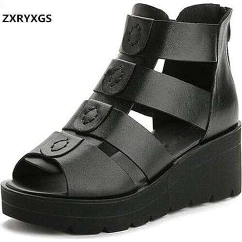 New Fashion Black Cowhide Fish Mouth Open Shoes Woman Beach Sandals 2019 New Increased Wedges Sandals Casual Women Sandal Shoes