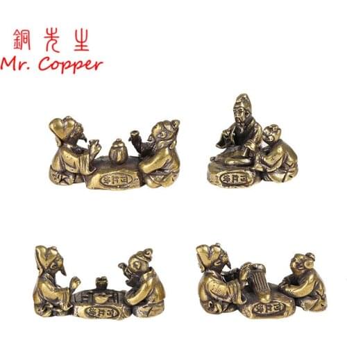 Solid Brass Tea Ceremony Playing Chess Calligraphy and Painting Old Man Miniature Figurines Table Decoration Crafts Accessories