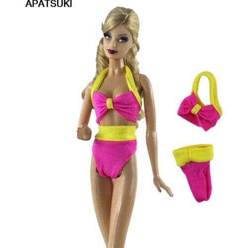 Yellow Pink Bra & Briefs Bikini For Barbie Doll Clothes Swimwear Underwear 1/6 Knickers Top & Underpant For Barbie Dolls