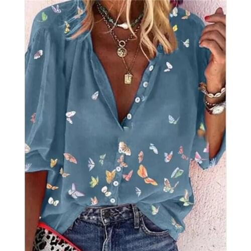 Women Blouses Butterfly Print Buttons Ladies Shirts V-Neck Long Sleeve Blouse Female Tops 2021 Spring Casual Shirt Mujer Top