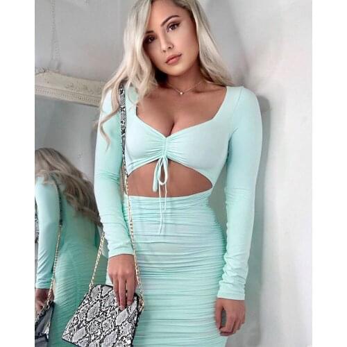 Summer new womens turquoise low-collar v collar long-sleeved ruffled bow tie bow tie mini short dress