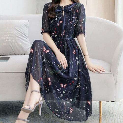 2021 New Fashion Vintage Womens Beach 3XL Chiffon Soft Bow O-Neck Sexy Ruffle Print Party Female Mid Summer Vestidos Dress Robe