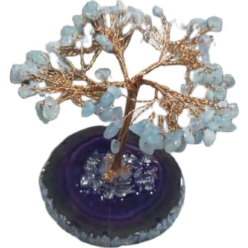 1PC Natural Crystals Money Tree Copper Wire Wrapped With Agate Slice Base Chakra Amethyst Gemstone Trees Feng Shui Home Decor