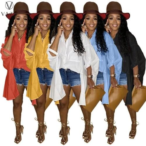 VAZN 2021 Autumn Asymmetrical X-Long Style Chiffon Shirts Young Solid Sexy Full Sleeve Women Loose Shirts