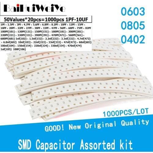 Free Shiping 1000PCS/LOT 0603 0805 0402 SMD Chip Ceramic Capacitor assorted kit 50 values*20pcs 10PF-22UF Samples Electronic Diy