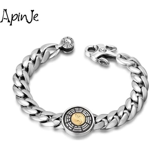 Apinje Thai Silver Fashion Bracelet 925 Sterling Silver Men Bracelet Rotatable Yin Yang Taiji Bagua Trendy Jewelry