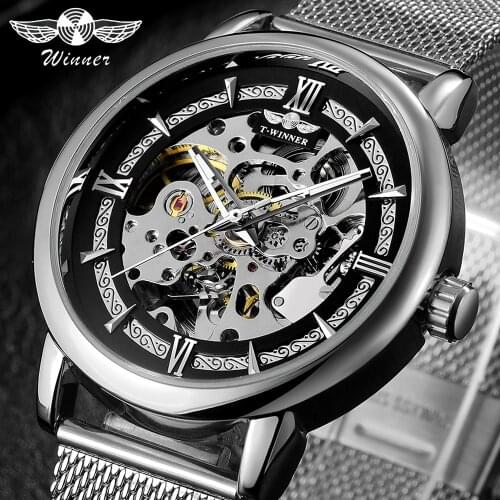 WINNER Fashion Casual Men Mechanical Watch Silver Mesh Strap Ultra Thin Skeleton Mens Watches Top Brand Luxury Clock Montre Homm