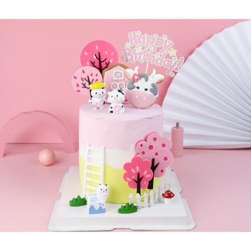 Baked cake decorative ornaments pink cow farm soft clay plug-in felt powder tree card birthday party dessert