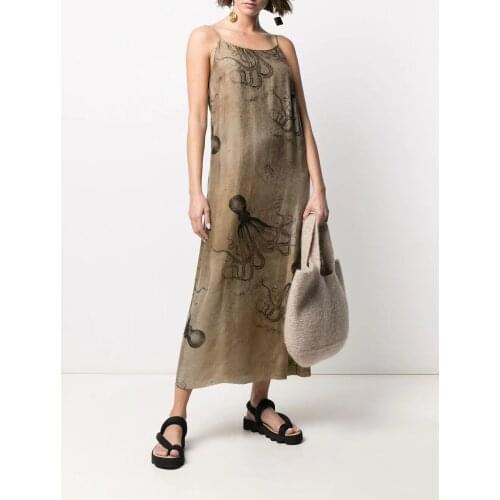 Designer Octopus Pattern 100% Silk Slip Maxi Dress Retro Natural Tan Animal Print Sexy Backless Oversized Draped Date Night Gown
