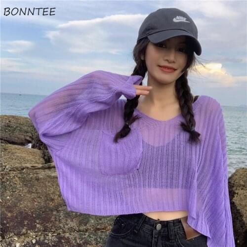 Long Sleeve T-shirts Womens Summer Sun-proof Leisure V-neck Trendy All-match Simple Hollow Out Loose Ulzzang Top Outerwear Tees
