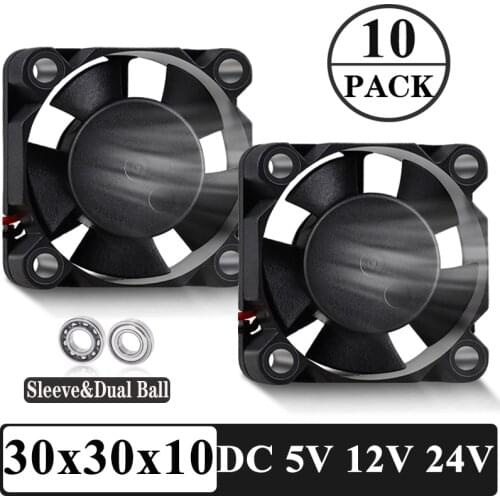 Gdstime 10pcs DC 24V 12V 5V 2Pin 30mm x 10mm Dual Ball bearing 30x30x10mm 2.54 2.0 Dupont 3cm Small Brushless Cooling Fan 3010