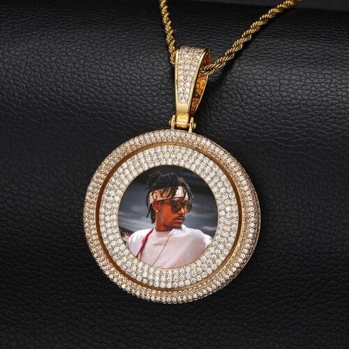 Custom Photo Frame Memory Medallions Rotatable Solid Round Pendants Necklace for Men Bling Iced Out Hip Hop Rapper Jewelry