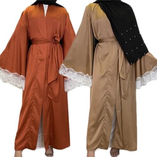 Islamic Muslim Women Open Kimono Solid Color Arab Abaya Ramadan Middle East Lace Cardigan With Belt Maxi Robe Gown Dubai Kaftan