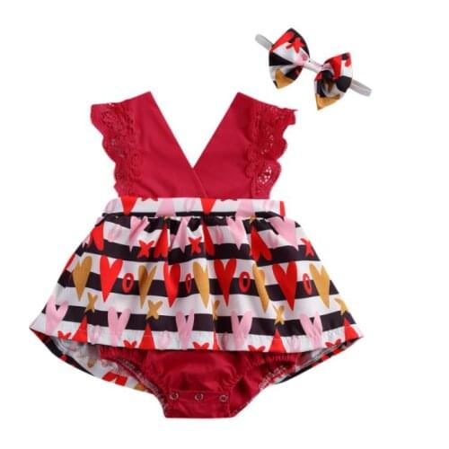 Baby Girls Red Sleeveless Stripe Heart Printed Pattern Romper Headdress Baby Valentines Day Clothes